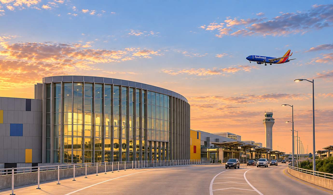 Austin airport parking - AUS Barbara Jordan Terminal glass facade, control tower and arriving Southwest jet at Austin-Bergstrom International Airport at sunset