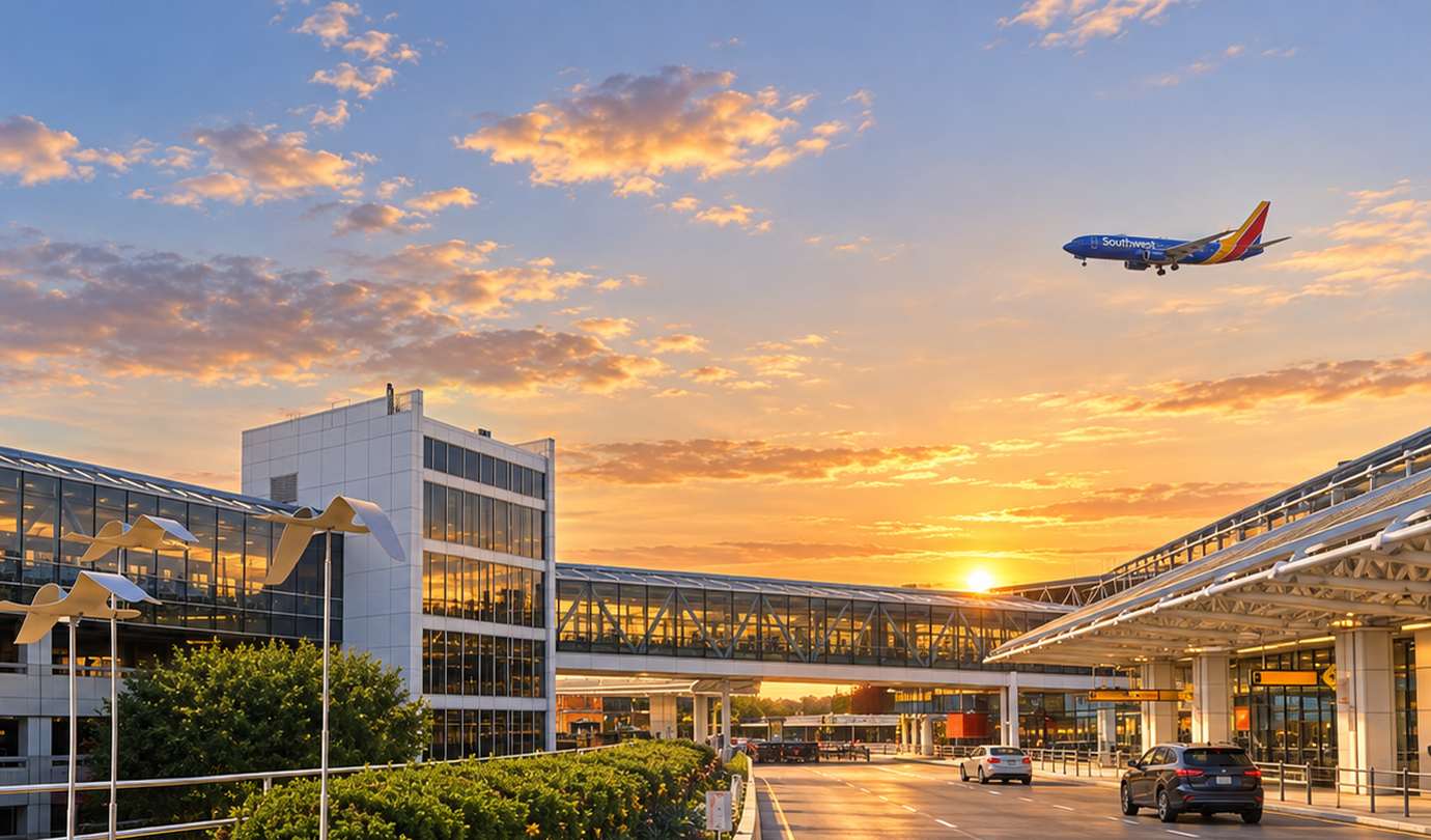 BWI airport parking - Baltimore/Washington International terminal, glass skybridge and arriving Southwest jet at sunset