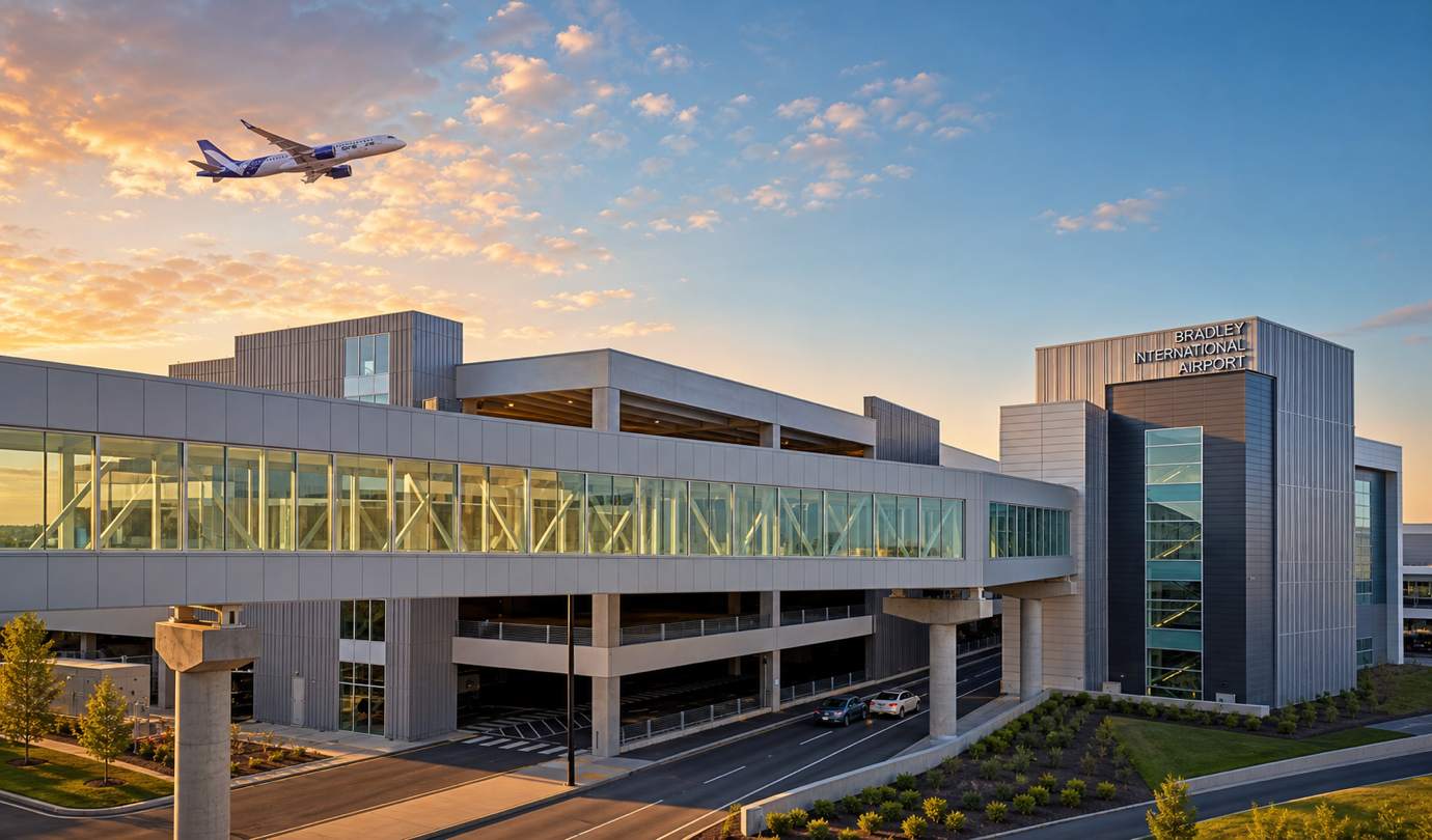 Bradley airport parking - BDL ground transportation center and parking garage at Hartford Bradley International Airport at sunset