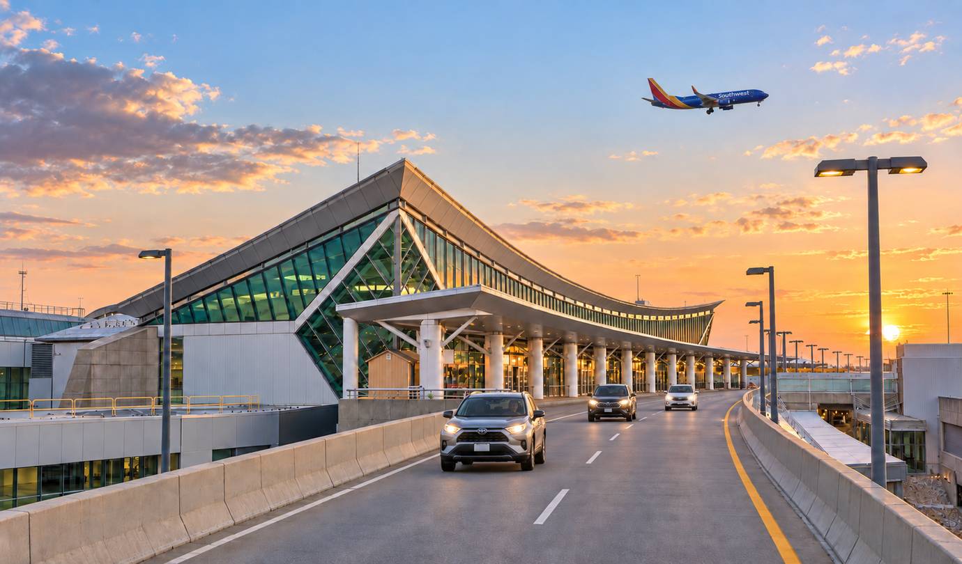 Buffalo airport parking - BUF Buffalo Niagara International terminal, arrivals road and arriving Southwest jet at sunset