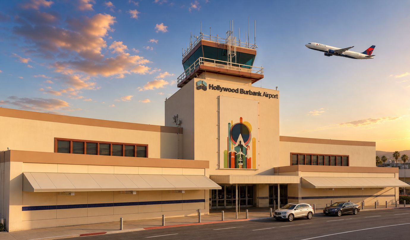 Burbank Airport parking - Hollywood Burbank Airport (BUR) terminal and control tower at sunset
