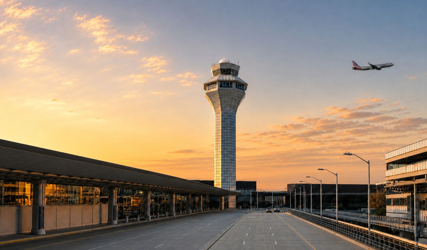 O’Hare airport parking - ORD control tower and terminal roadway at Chicago O’Hare International Airport at sunset