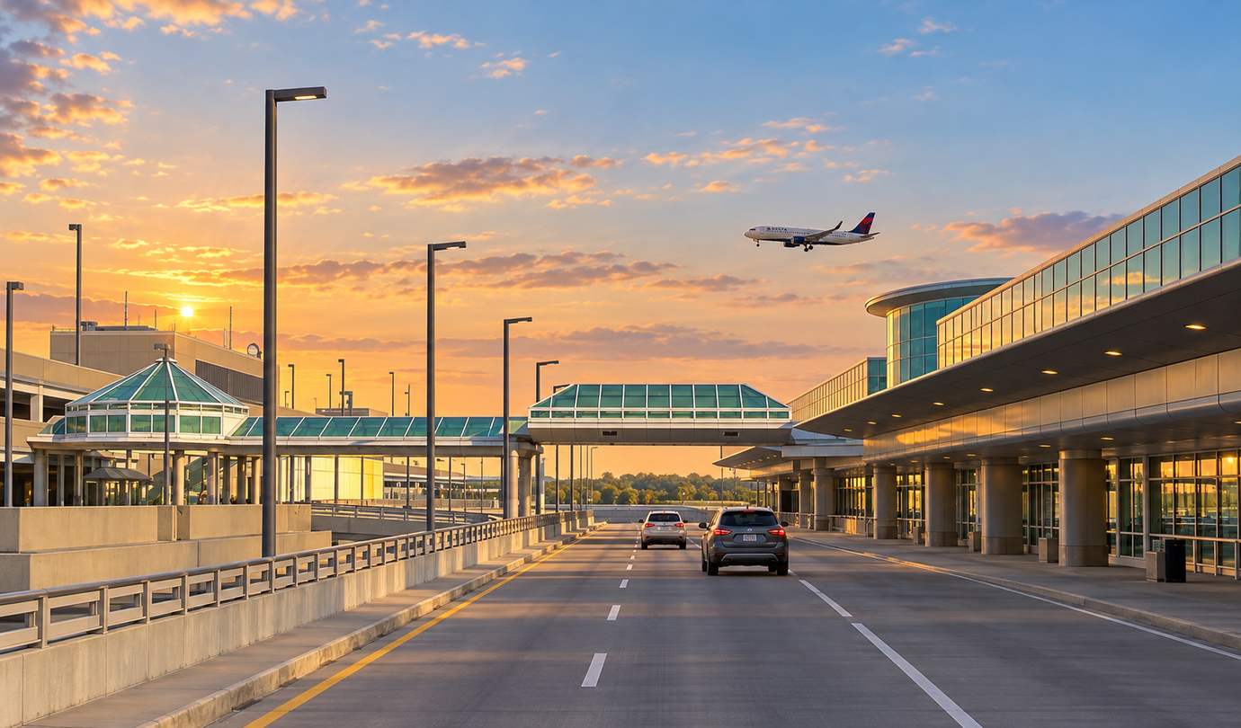 Cincinnati airport parking - CVG terminal, glass skywalk and arriving Delta jet at sunset