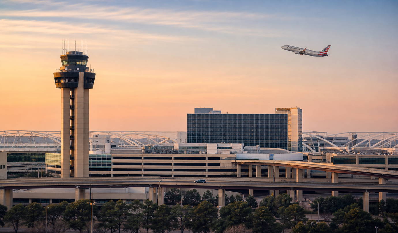 DFW Airport parking - Dallas Fort Worth International control tower, terminal garage and airport roadway at sunset