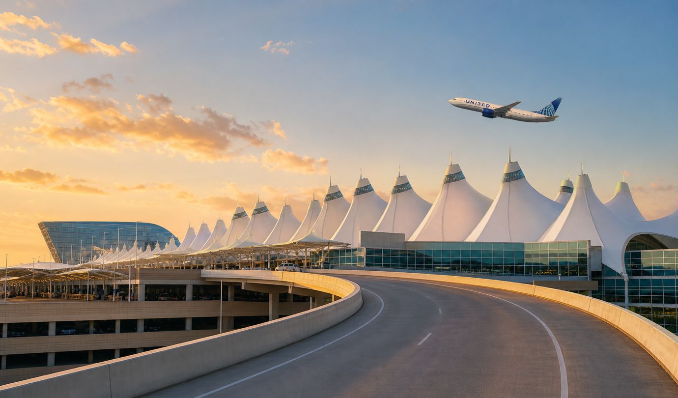 Denver airport parking - DEN Jeppesen Terminal peaked white roof and airport roadway at sunset with a United jet departing