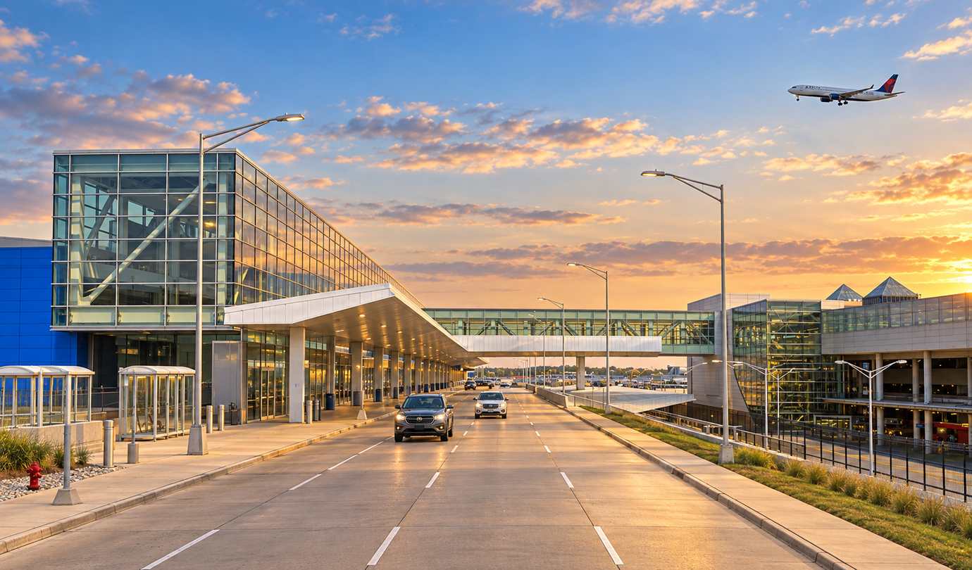 Detroit airport parking - DTW terminal glass facade, skybridge and arriving Delta jet at sunset