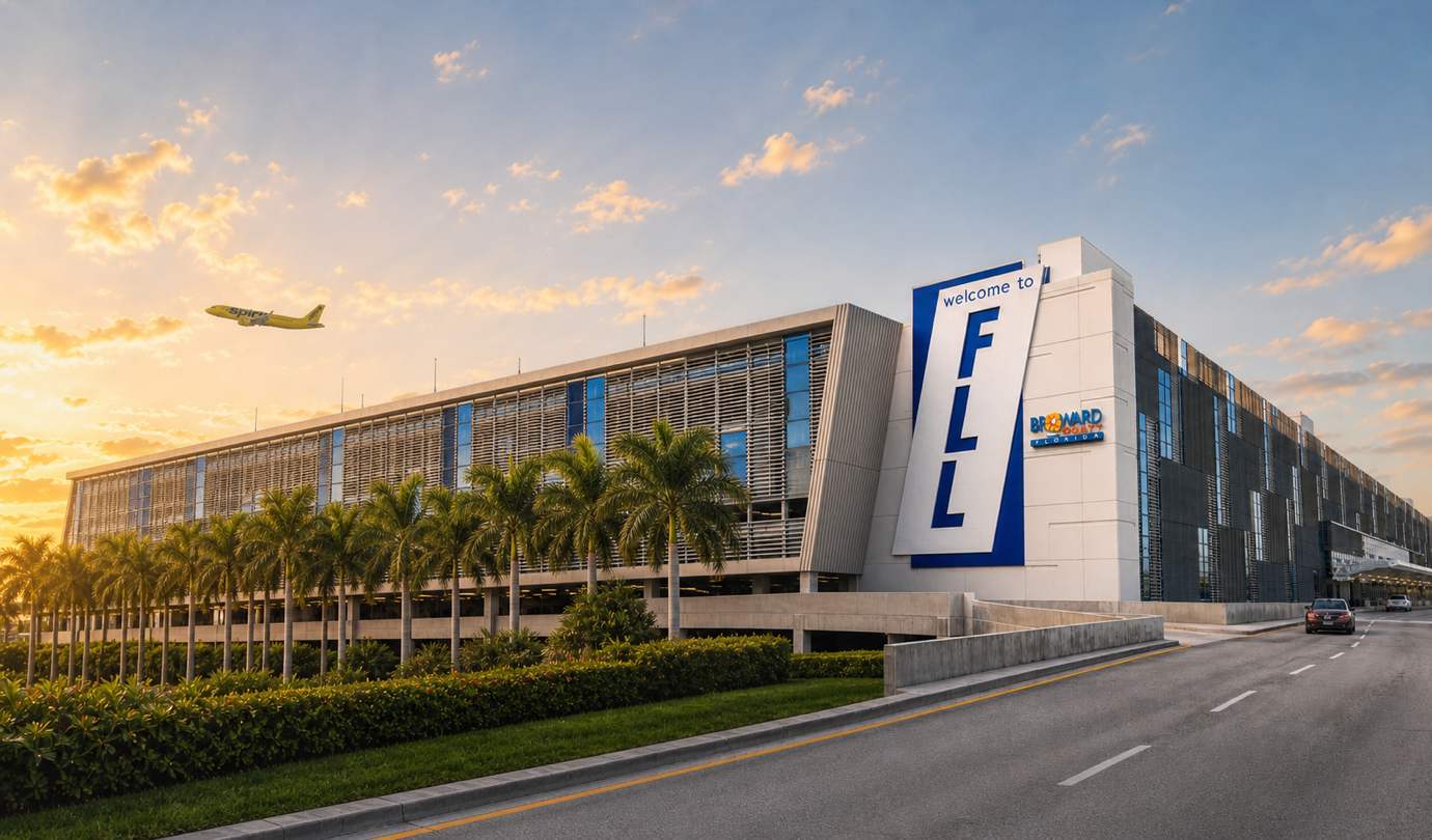 Fort Lauderdale airport parking - welcome to FLL sign, terminal garage and palm-lined roadway at Fort Lauderdale-Hollywood International Airport at sunset