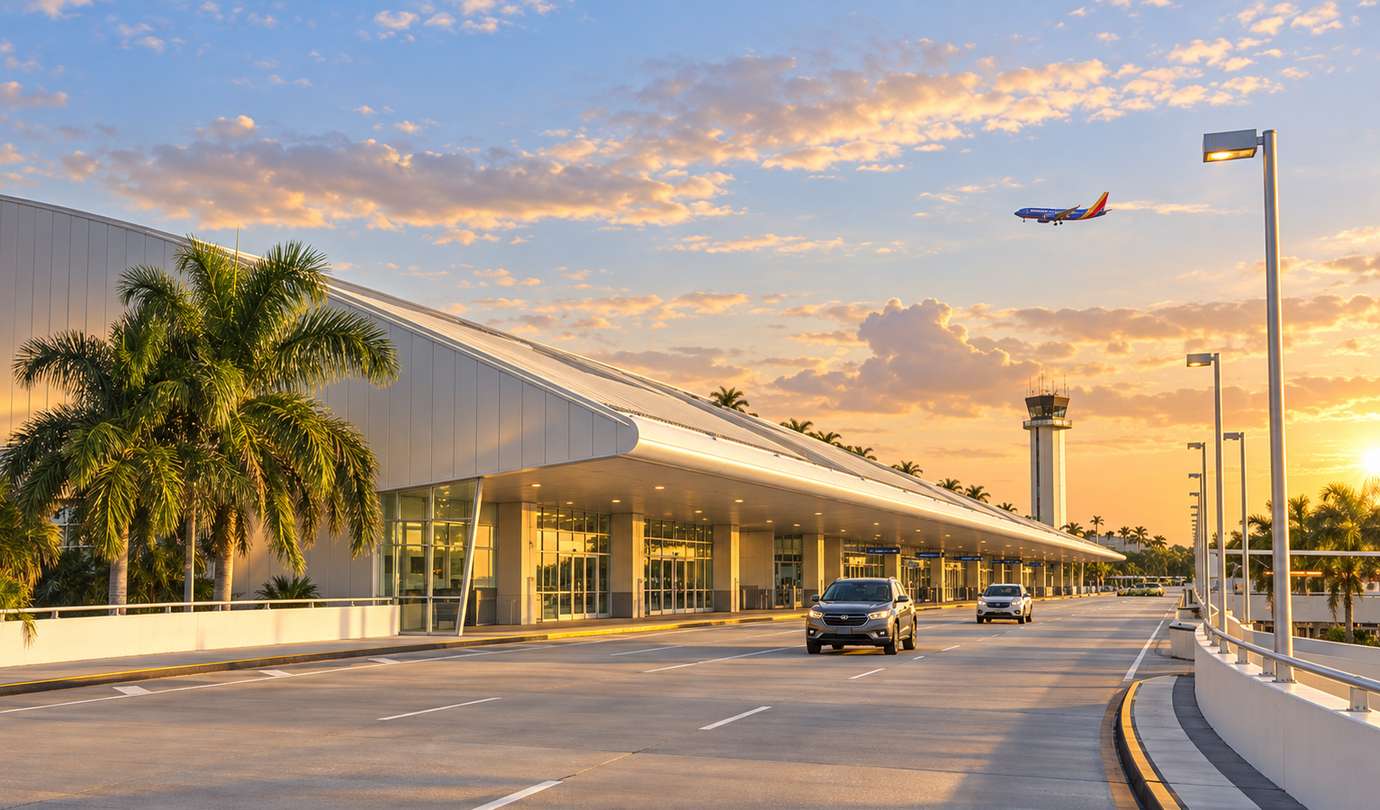 Fort Myers airport parking - RSW Southwest Florida International terminal, royal palms and arriving Southwest jet at sunset