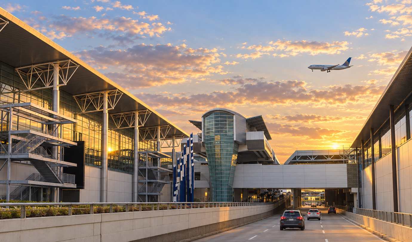Houston IAH airport parking - George Bush Intercontinental terminal, glass tower and arriving United jet at sunset