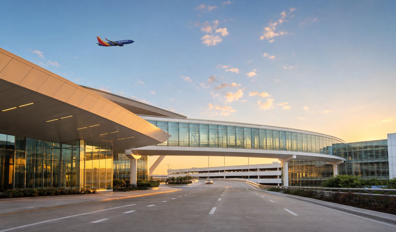 Hobby airport parking - HOU glass skybridge, parking garage and arrivals roadway at Houston William P. Hobby Airport at sunset