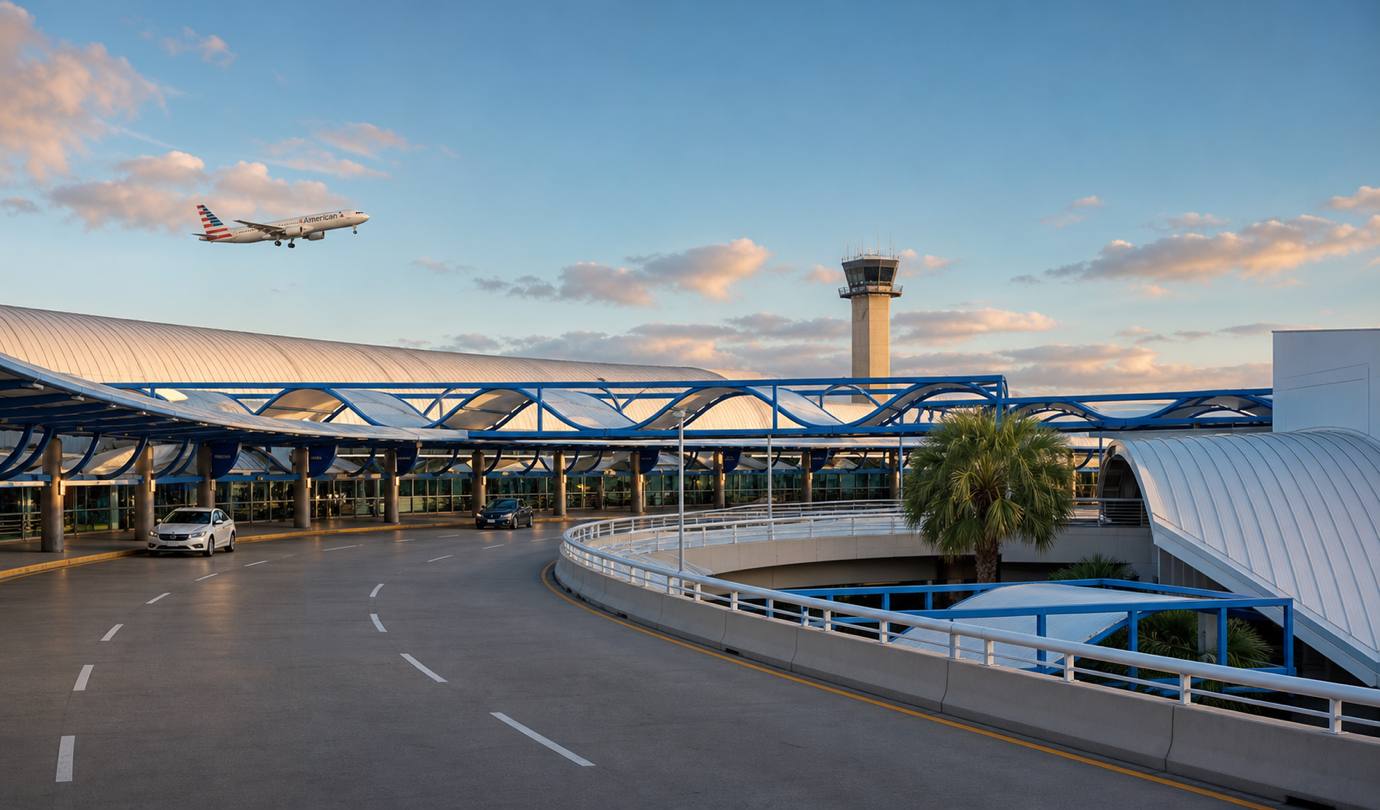 Jacksonville airport parking - JAX control tower, blue terminal canopy and departures roadway at Jacksonville International Airport at sunset