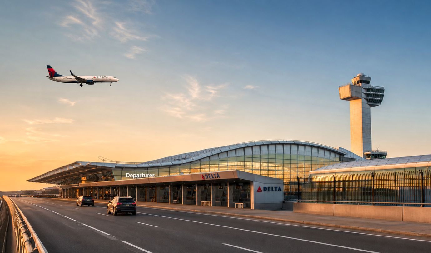 JFK airport parking - John F. Kennedy International Airport control tower, Delta terminal Departures roadway and arriving jet at sunset