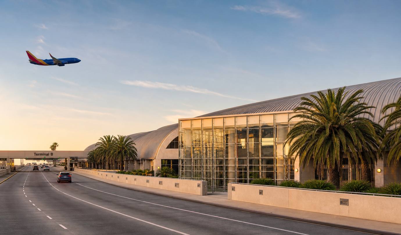 John Wayne airport parking - SNA Terminal B curved roof, glass terminal frontage and palms at Orange County John Wayne Airport at sunset