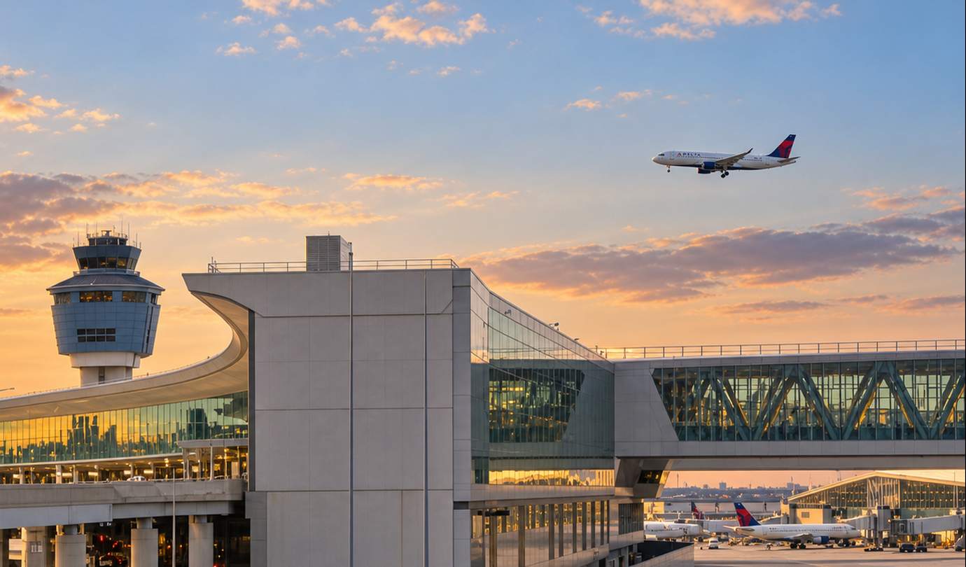 LaGuardia airport parking - LGA control tower, terminal roadways and a Delta jet on approach at sunset