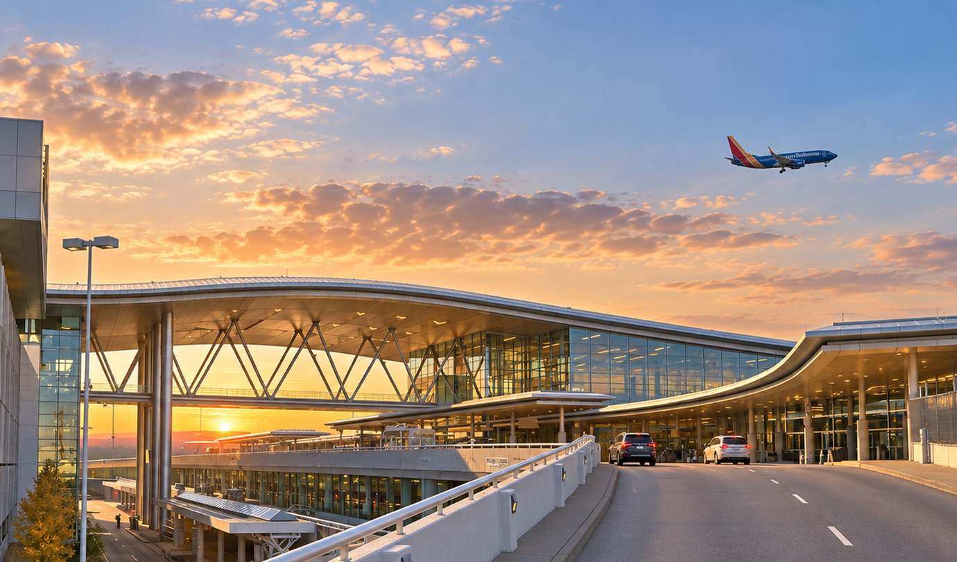 Nashville airport parking - BNA terminal wave roof, glass facade and arriving Southwest jet at sunset