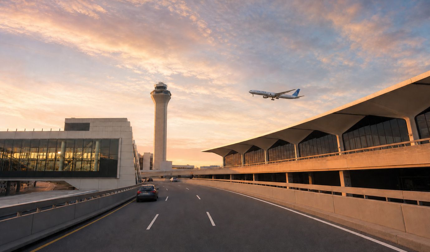 Newark Airport parking - EWR control tower and terminal roadway at Newark Liberty International at sunset