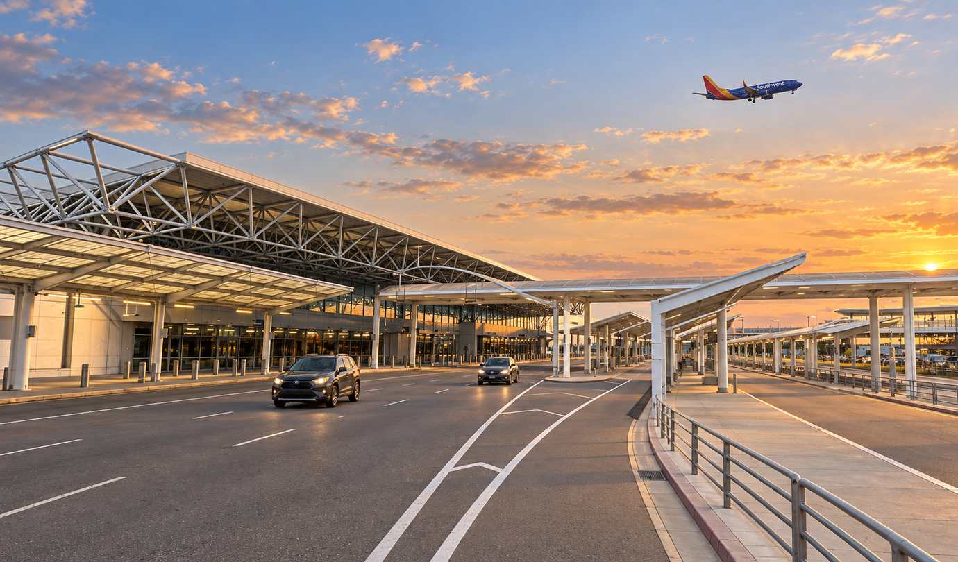 Oakland airport parking - OAK terminal truss canopy, curbside roadway and a Southwest jet on approach at sunset