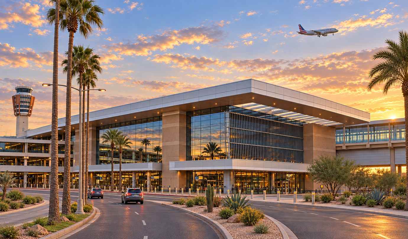 Phoenix airport parking - PHX Sky Harbor terminal, palm-lined curbside roadway and an American jet on approach at sunset