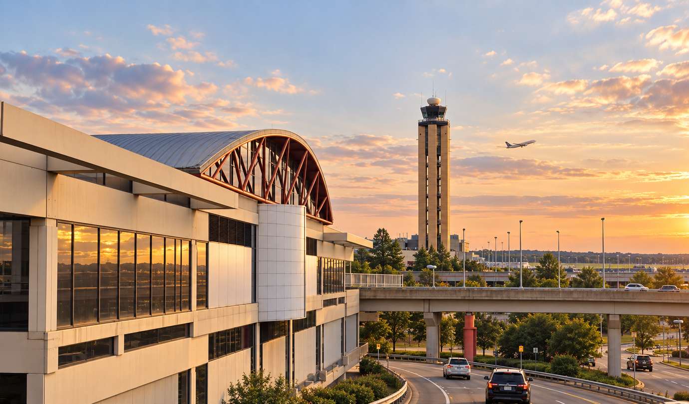 Pittsburgh airport parking - PIT terminal arch, control tower and a departing jet at sunset