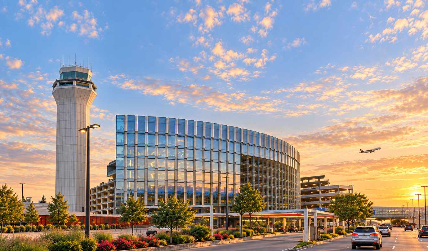 Portland airport parking - PDX control tower, curved glass terminal and a departing jet at sunset
