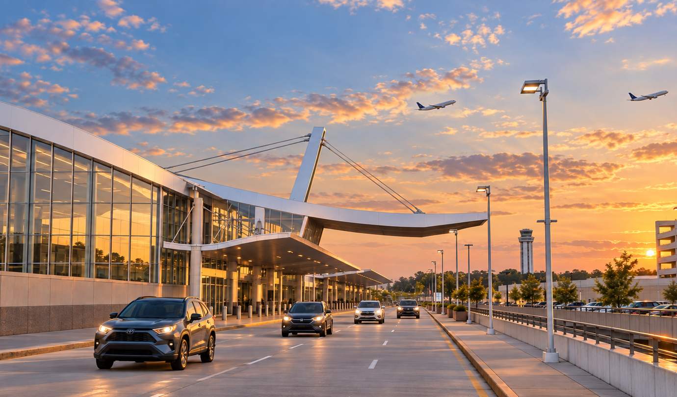 Raleigh-Durham airport parking - RDU terminal swoop roof, curbside roadway and a departing jet at sunset