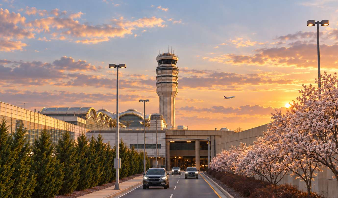 Reagan National airport parking - DCA control tower, domed terminal halls and cherry blossoms at sunset