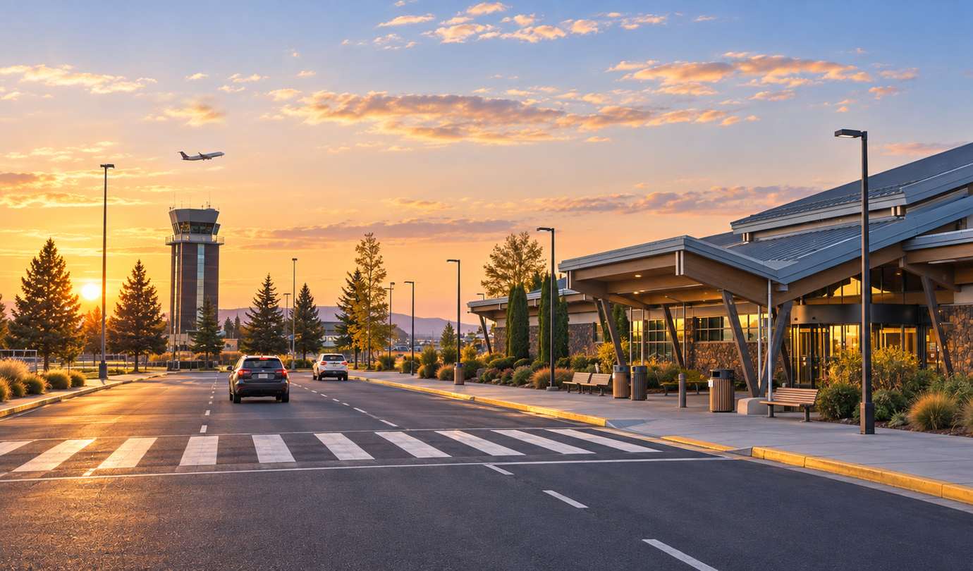 Redmond airport parking - RDM control tower, lodge-style terminal and a departing jet at sunset
