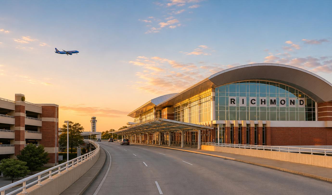 Richmond airport parking - RIC arched glass terminal with RICHMOND sign, parking garage and airport roadway at Richmond International Airport at sunset