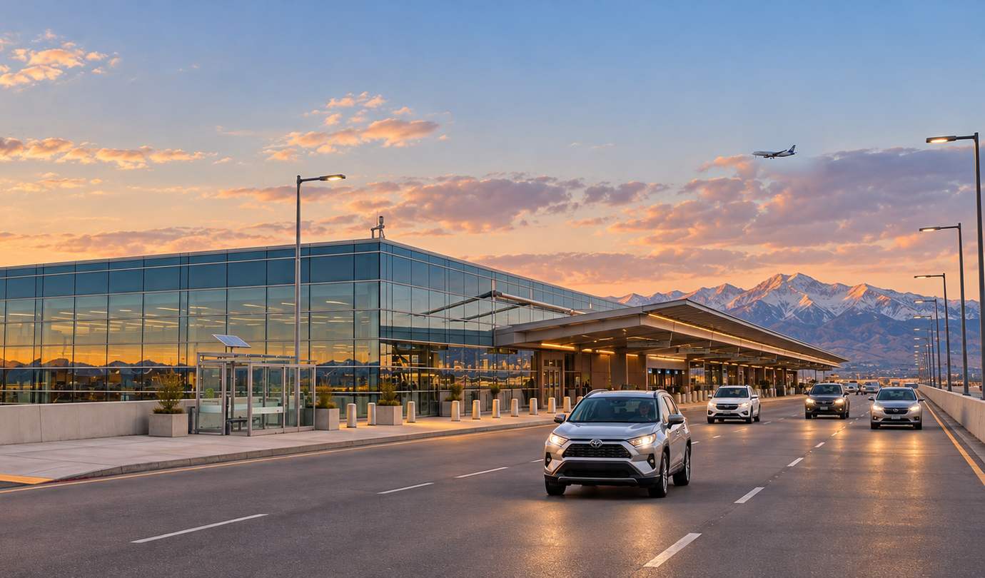 Salt Lake City airport parking - SLC glass terminal, curbside canopy and a jet on approach over the snowy Wasatch at sunset