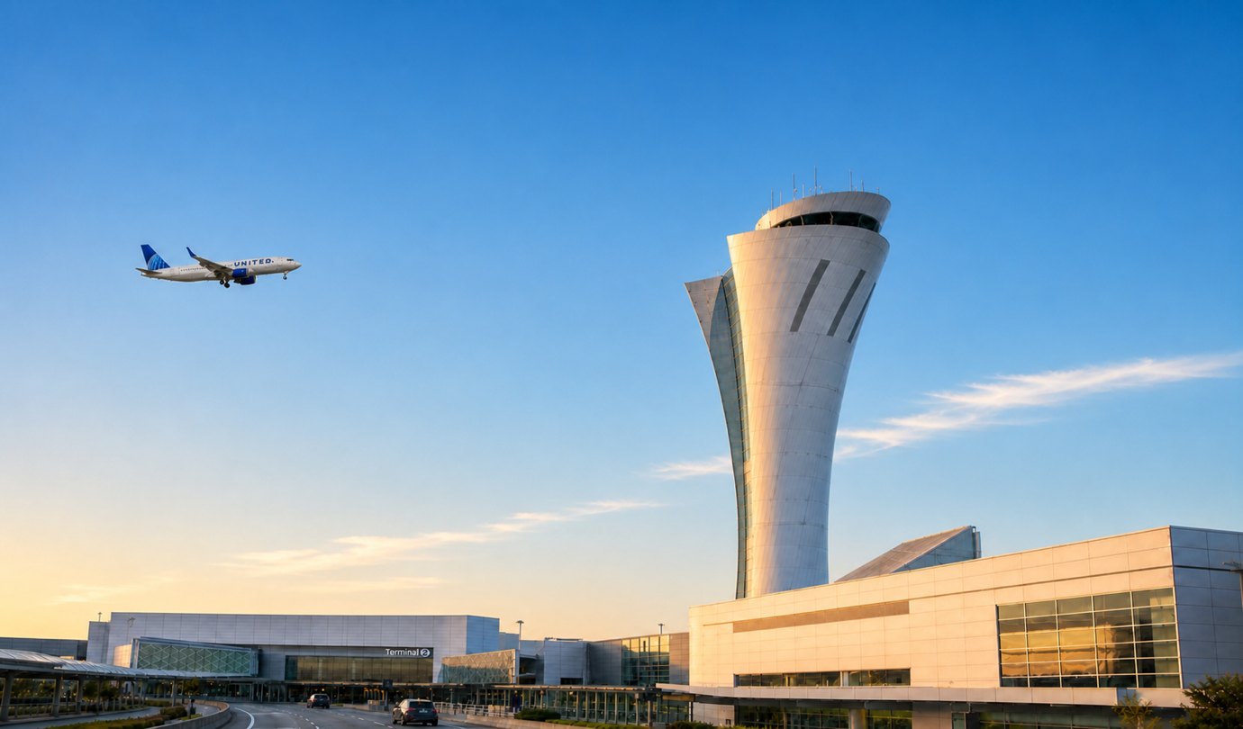 SFO airport parking - San Francisco International Airport torch control tower, terminal and departures roadway at dusk