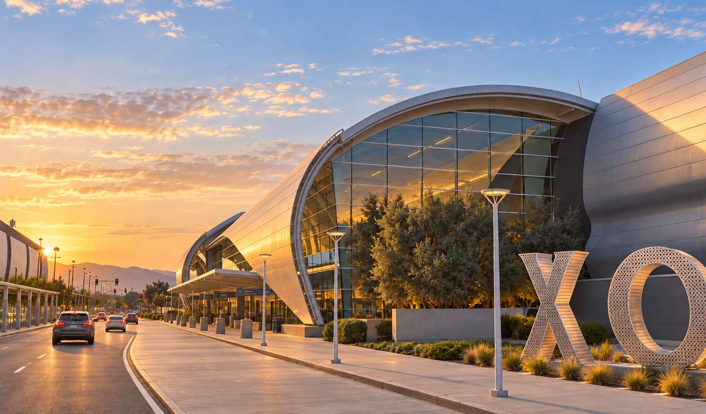 San Jose airport parking - SJC swoosh-roof terminal, curbside roadway and letter sculpture at sunset