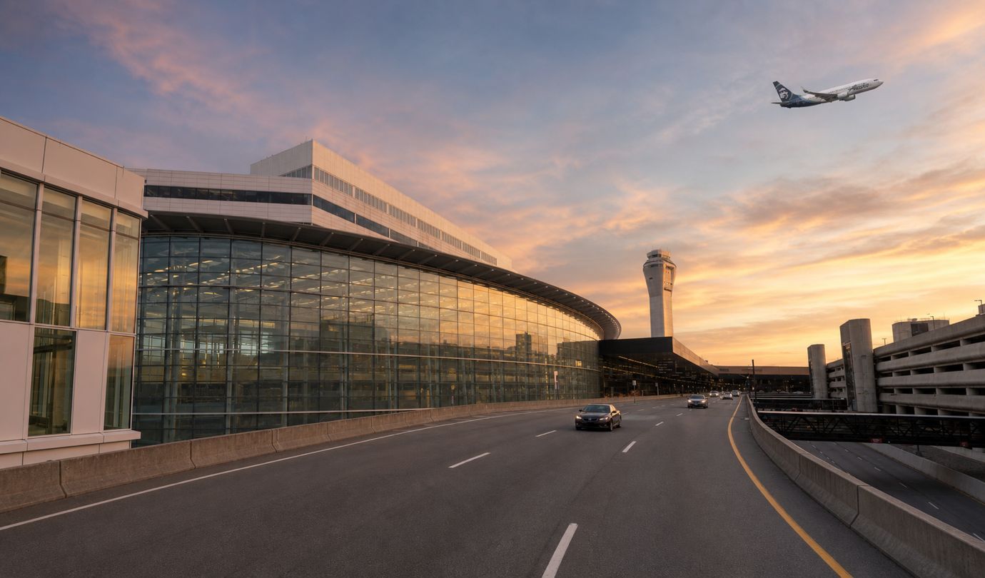 SeaTac Airport parking garage and terminal at sunset - Seattle-Tacoma International Airport (SEA)