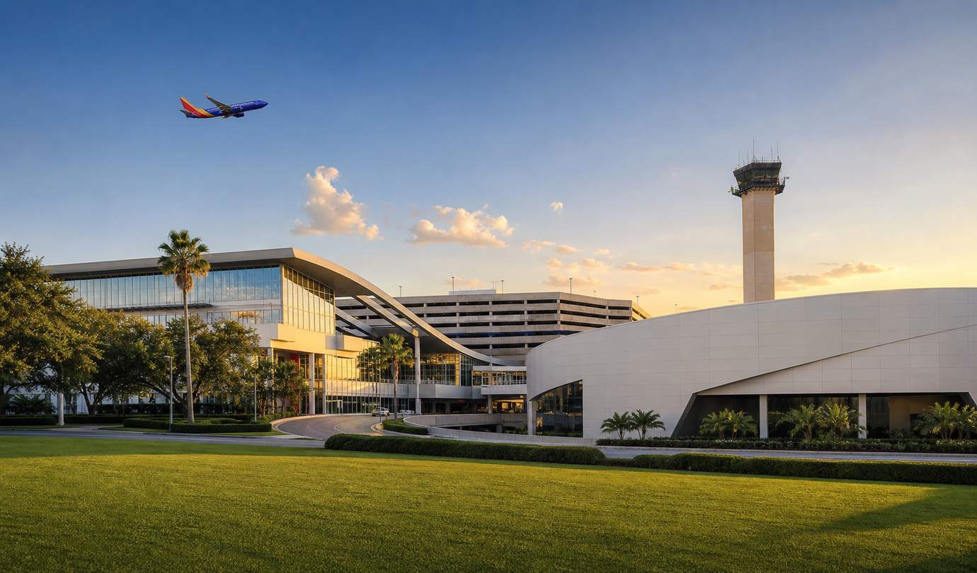 Tampa airport parking - TPA control tower, terminal and parking garage at Tampa International Airport at sunset