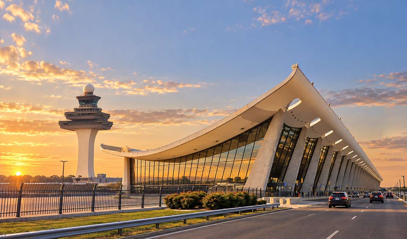 Washington Dulles airport parking - IAD Saarinen terminal and control tower at sunset