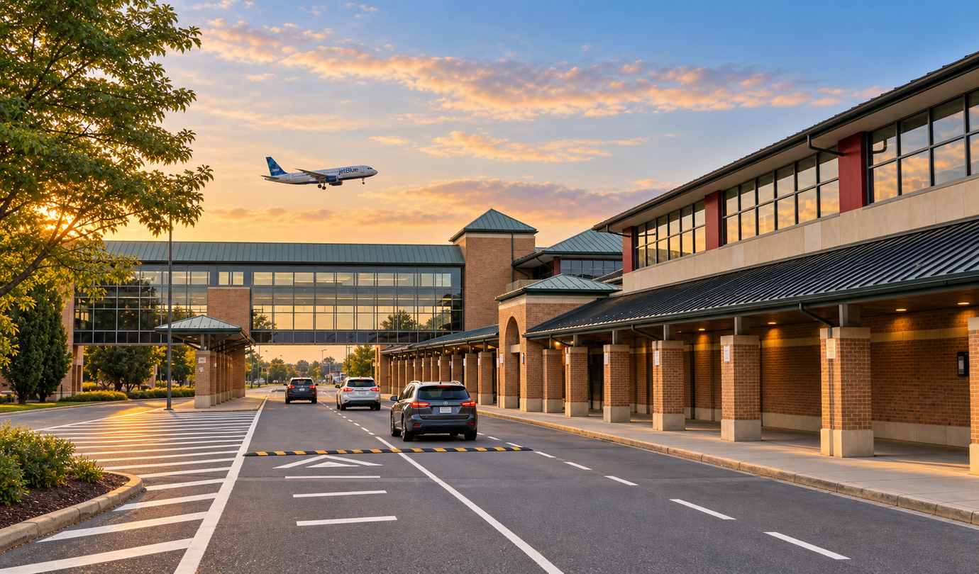 Westchester airport parking - HPN terminal, glass skybridge and a JetBlue jet on approach at sunset
